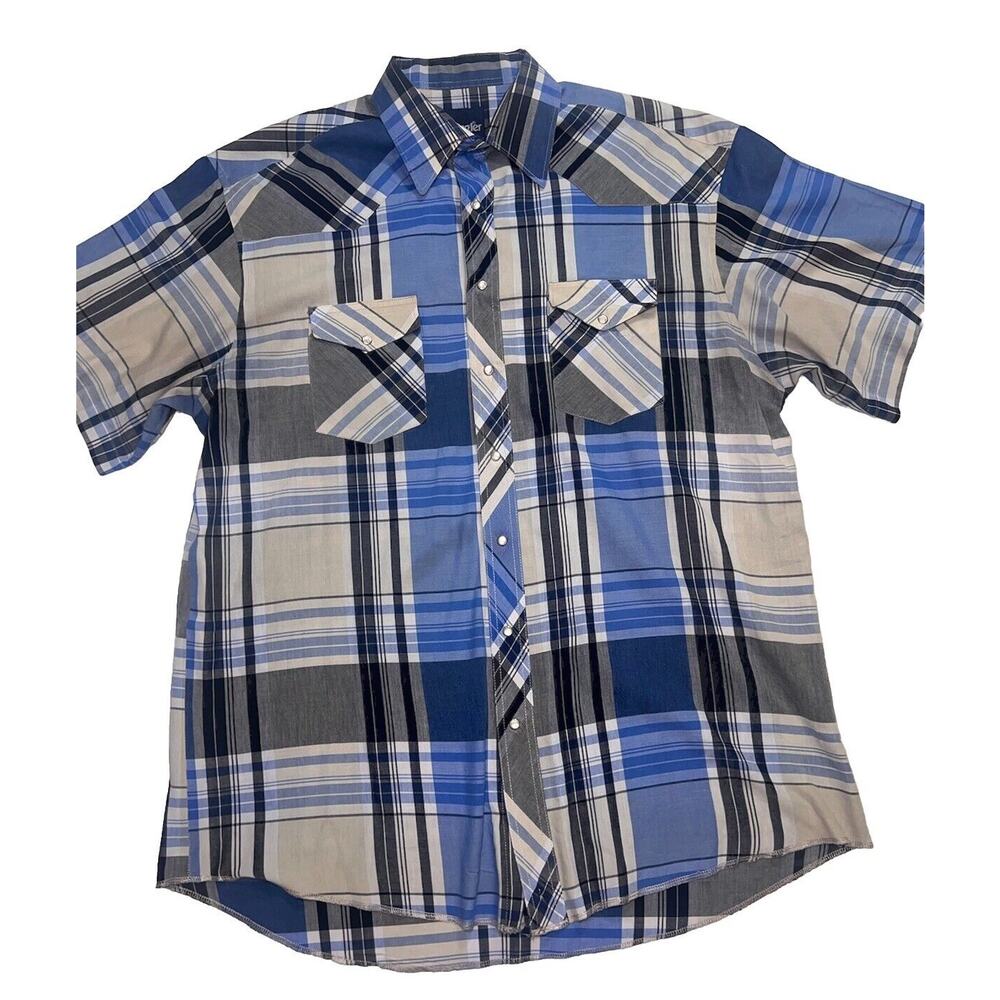 WRANGLER Shirt Men's Size 17 TALL Blue Plaid Pearl Snaps Short Sleeve Cowboy